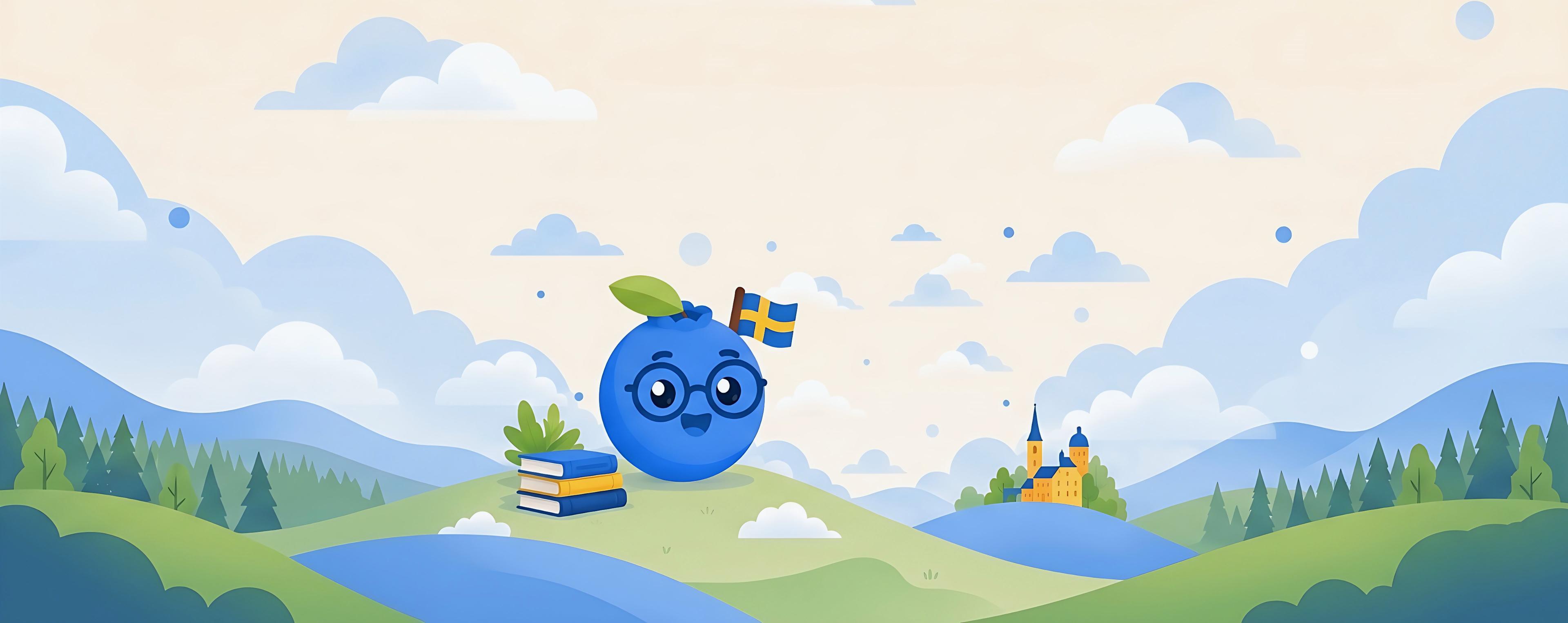 LearnSwedishFast — blueberry mascot, Swedish colors, books, and cityscape.